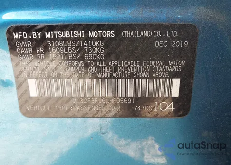 2020 Mitsubishi Mirage G4 Es from USA, damaged, VIN ML32F3FJ6LHF05691
